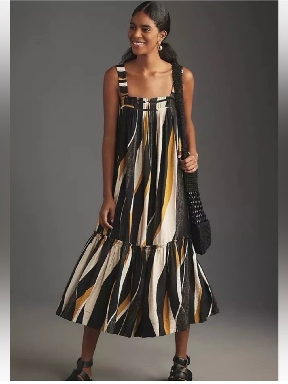 Anthropologie Square Neck Black, White & Mustard Striped Midi Dress